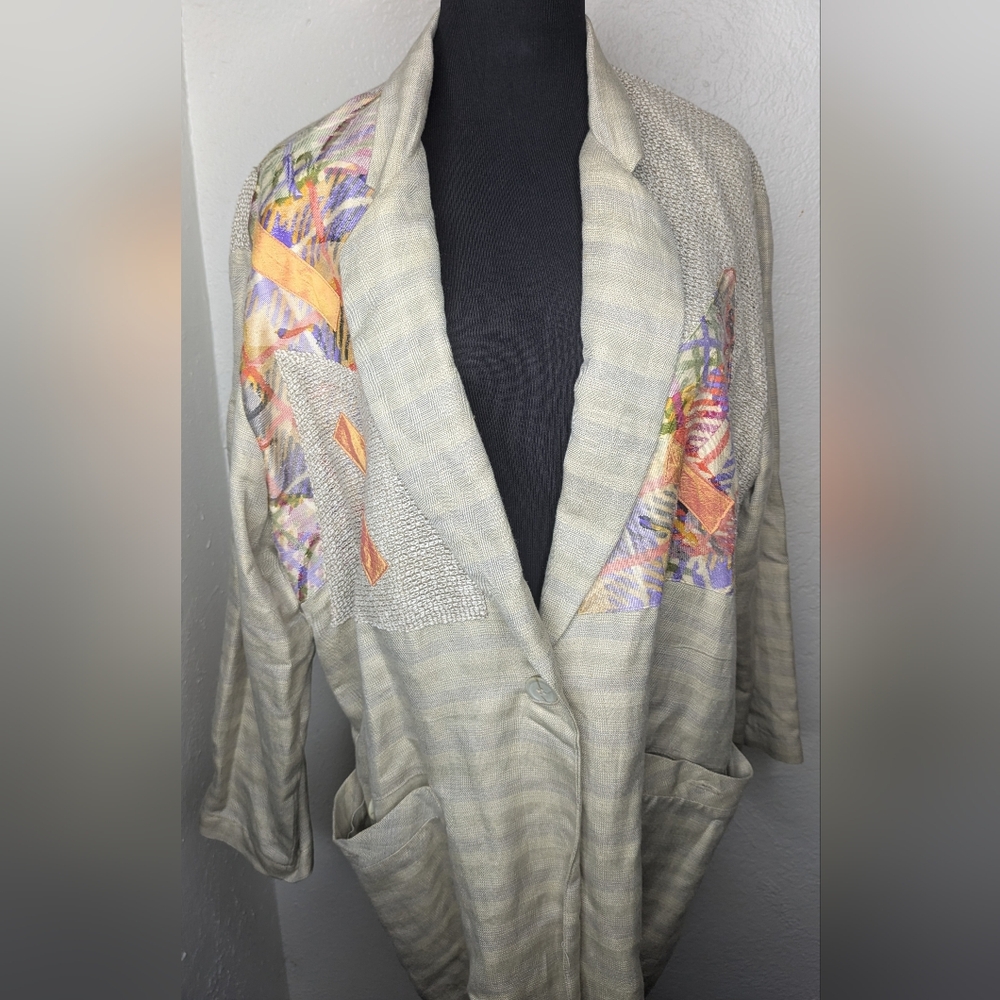Vtg CANVASBACK Lutton & Horsefield Artsy Beige & Geometric Color Patch Blazer L